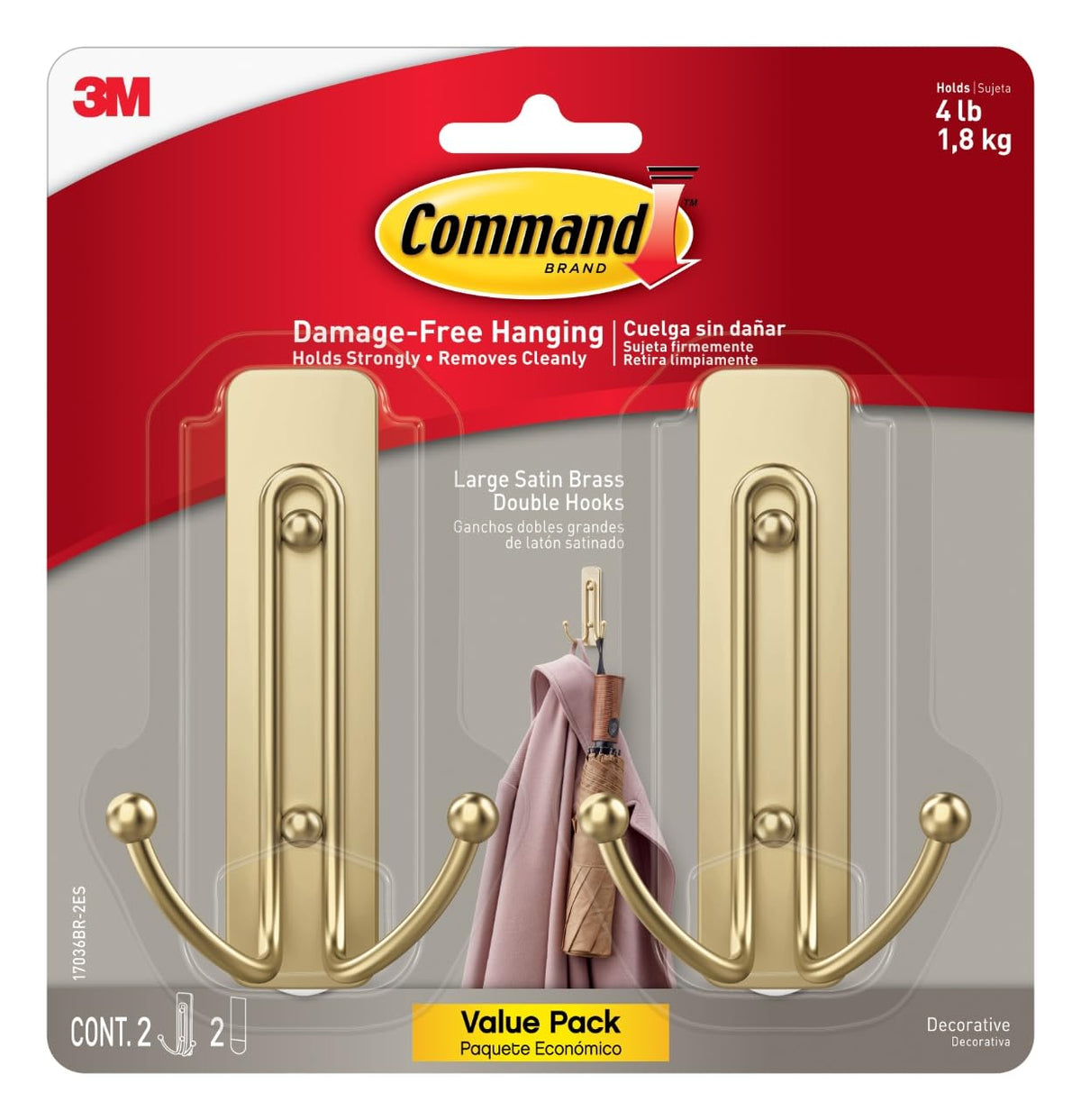 Command Large Bronze Double Hooks, 2 Hooks, 2 Strips