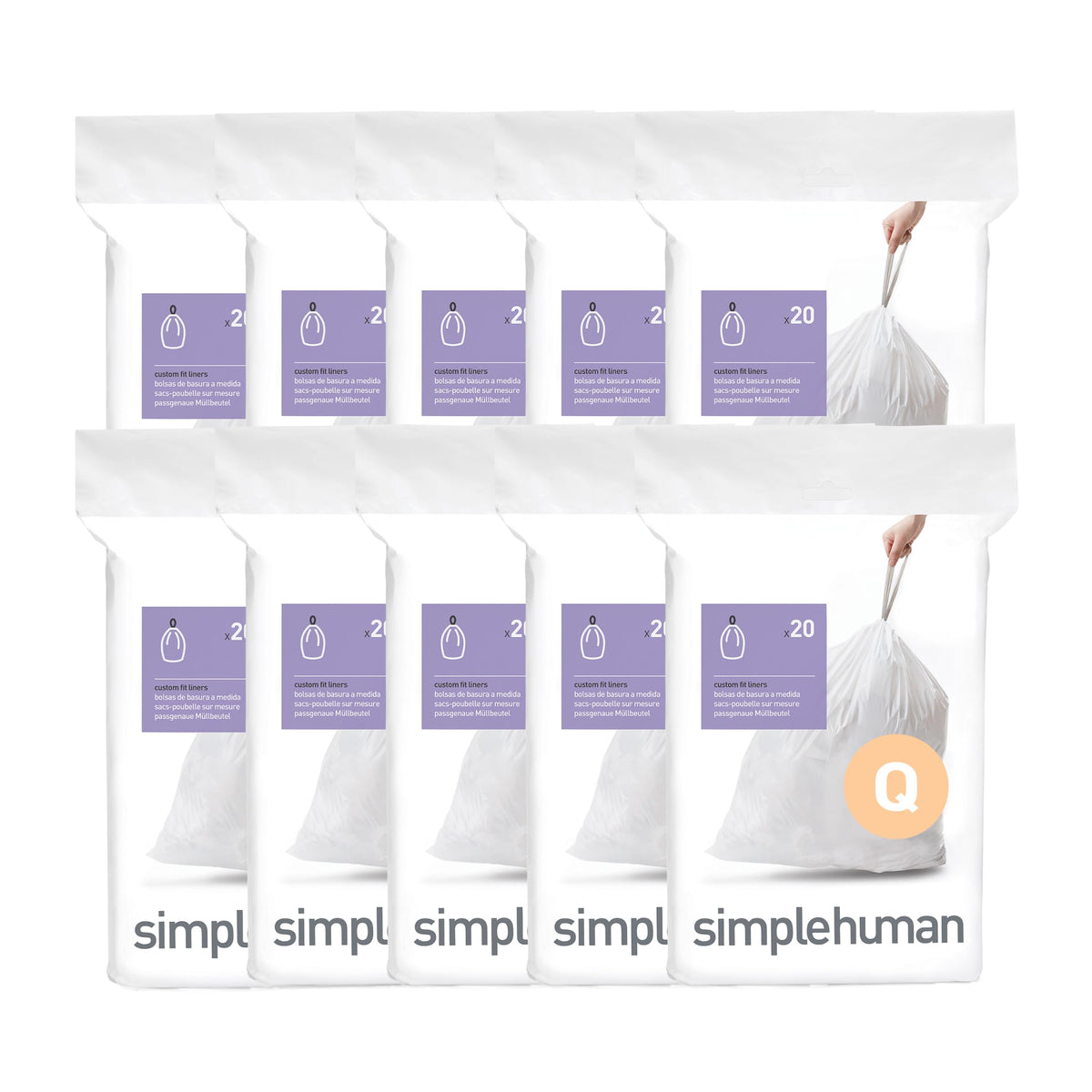 simplehuman Code Q 100 Count Custom Fit Liners, Drawstring Kitchen Trash Bags, One-by-One Mess-Free Dispense, Extra Thick & Double Seamed, 50% PCR Plastic, 50-65 Liter / 13-17 Gallon, White