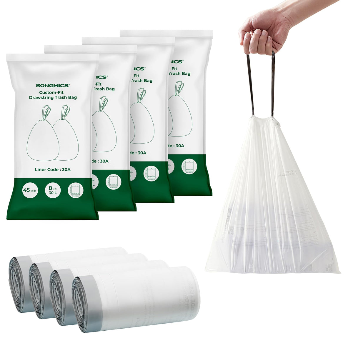 SONGMICS Trash Bags, for 8-Gallon (30 L) Trash Can, 2 Rolls, 90 Count