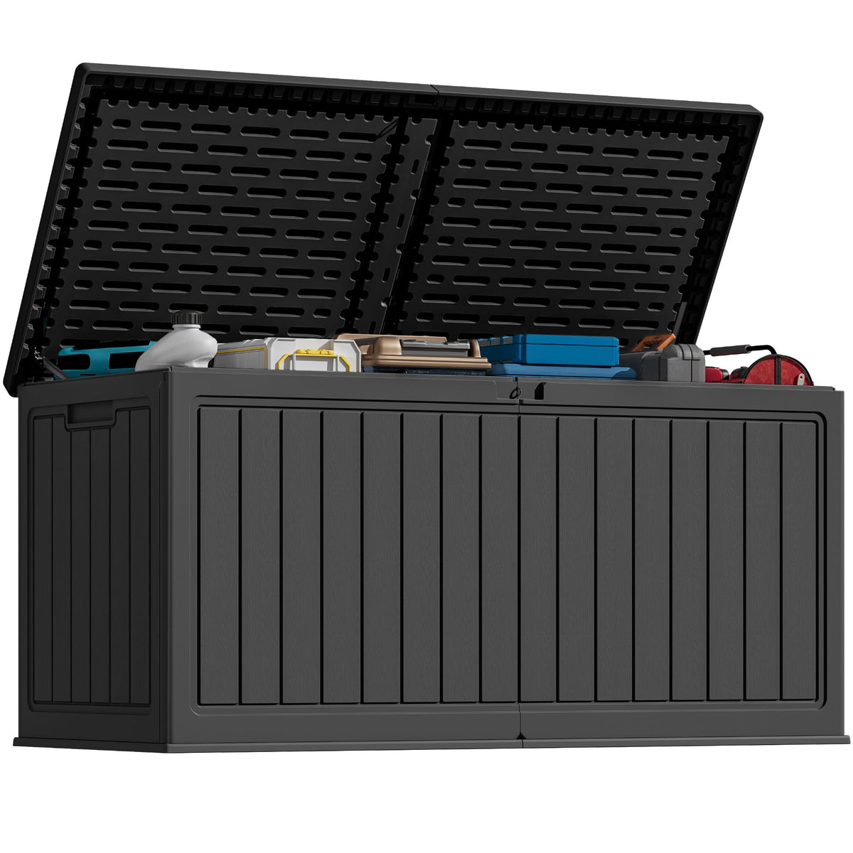 Greesum Outdoor Storage Box 31 Gallon Storage Box with Lid for Patio Furniture, Garden Tools, Pool Supplies, Waterproof and UV Resistant, Lockable, Dark Black