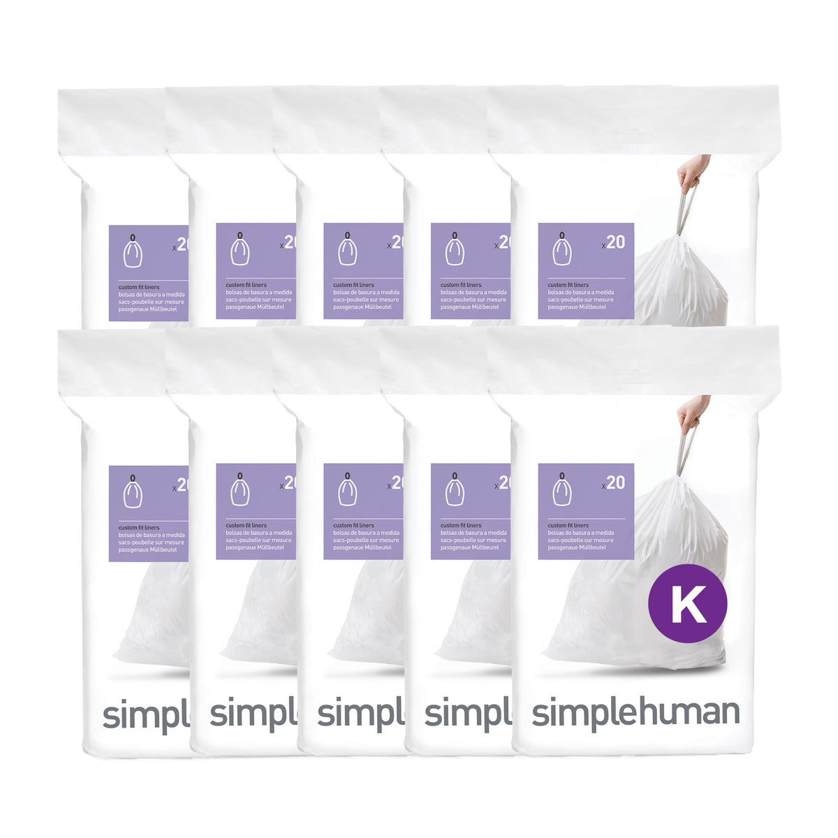 simplehuman Code K 60 Count Custom Fit Liners, Drawstring Kitchen Trash Bags, One-by-One Mess-Free Dispense, Extra Thick & Double Seamed, 50% PCR Plastic, 30-45 Liter / 8-12 Gallon, White