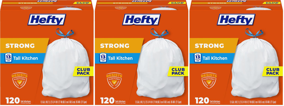 Hefty Strong 13G Tall Kitchen Trash Bags, White, Unscented, 90ct