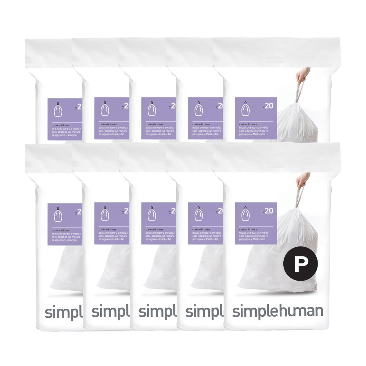 simplehuman Code P 60 Count Custom Fit Liners, Drawstring Kitchen Trash Bags, One-by-One Mess-Free Dispense, Extra Thick & Double Seamed, 50% PCR Plastic, 50-60 Liter / 13-16 Gallon, White
