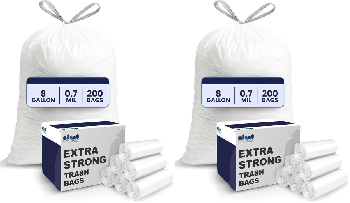 Plasticplace 8 Gallon Trash Bags -White Drawstring Garbage Can Liners - 200 Count - Leak-Resistant and Tear-Proof for Kitchen, Bathroom, Office, and Small Trash Cans 0.7 Mil
