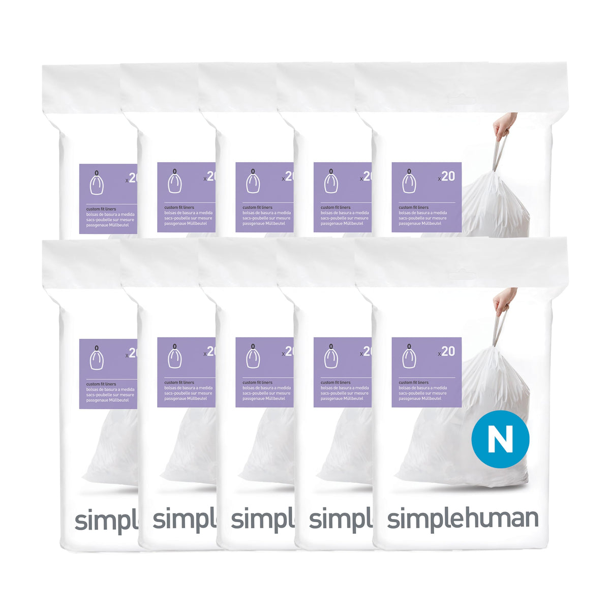 simplehuman Code N 60 Count Custom Fit Liners, Drawstring Kitchen Trash Bags, One-by-One Mess-Free Dispense, Extra Thick & Double Seamed, 50% PCR Plastic, 40-50 Liter / 10.6-13 Gallon, White