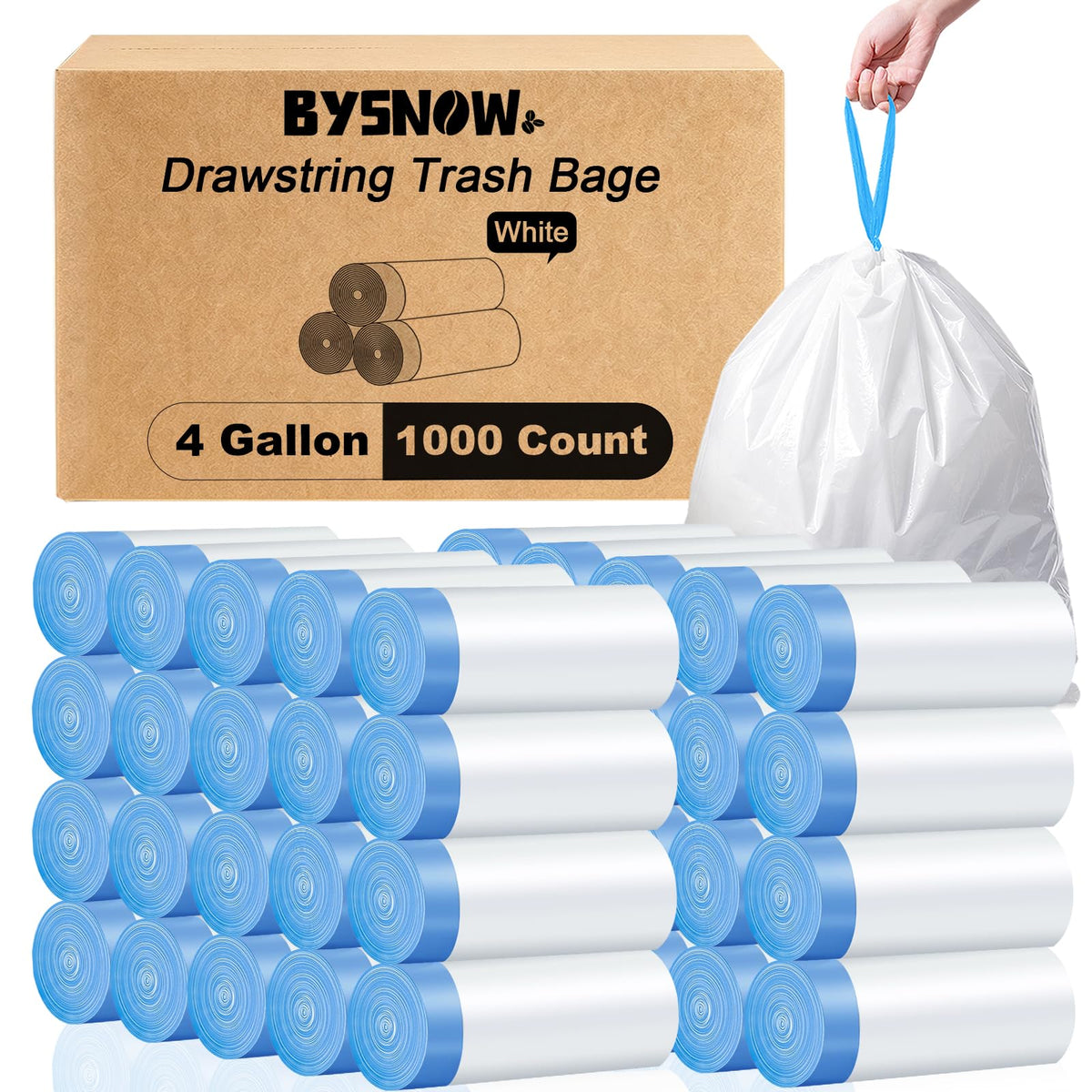 BYSNOW 4 Gallon 300 Counts Small Drawstring Trash Bags, Clear Garbage Bags