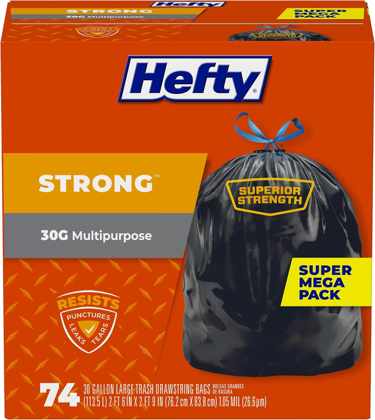 Hefty Strong 30 Gallon Trash Bags, Large Trash Bags 30 Gallon Size, Durable Drawstring Enclosure, Resists Punctures, Leaks, and Tears, Black, Unscented, 56 Bags