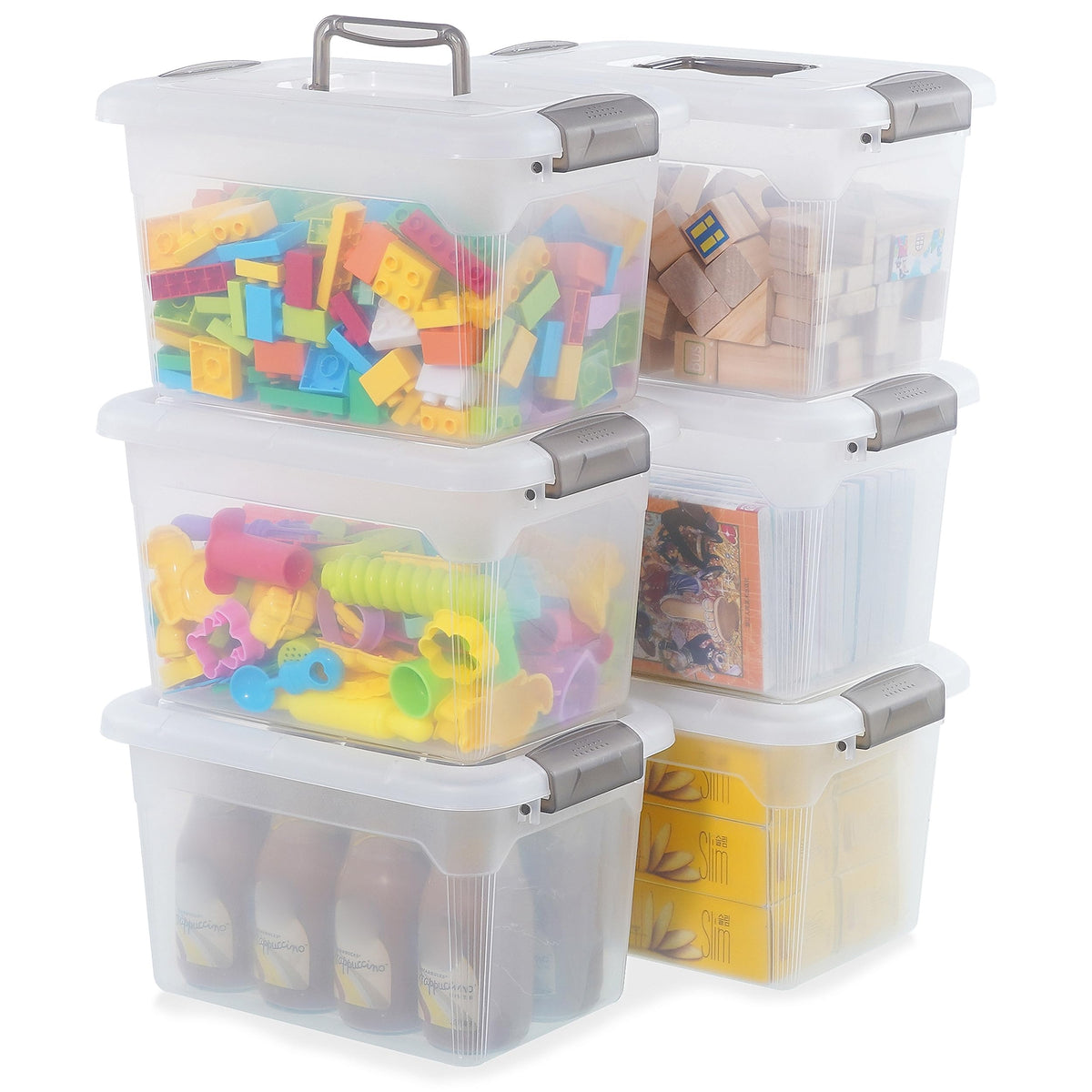 Citylife 4 Packs 6 QT Storage Bins with Lids Clear Plastic Bins with Grey Handle Stackable Storage Containers for Organizing