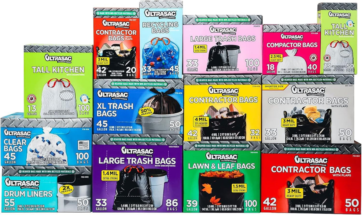 Ultrasac Heavy Duty 45 Gallon Trash Bags Huge 50 Count/w Ties) - 1.8 MIL - 38" x 45" - Large Black Plastic Garbage Bags for Contractor, Industrial, Home, Kitchen, Commercial, Yard, Lawn, Leaf