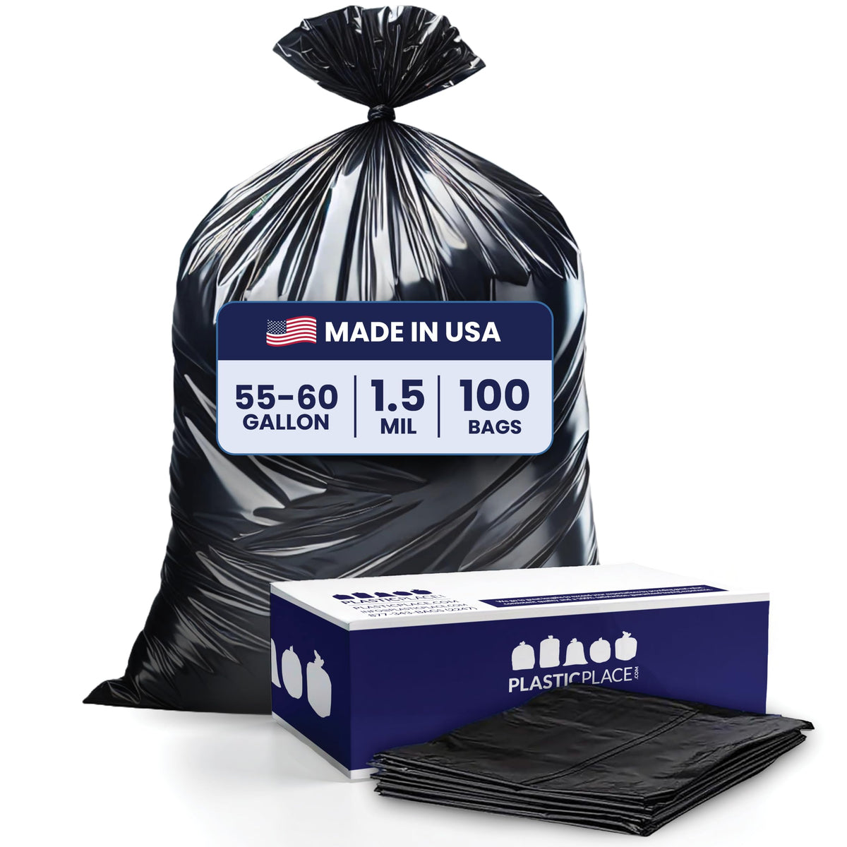Plasticplace 55-60 Gallon Trash Bags │ 1.0 Mil │ Black Heavy Duty Garbage Can Liners │ 38” x 58” (100 Count)
