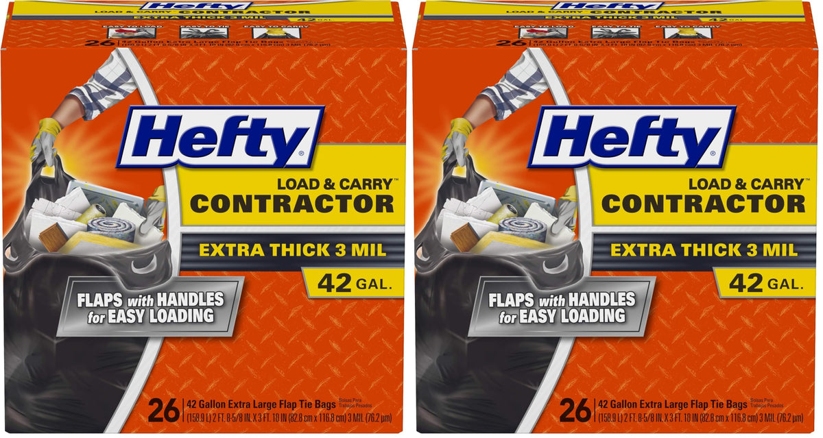 Hefty Load and Carry Contractor 42 Gallon Trash Bags, 3.0 Mil, 26ct