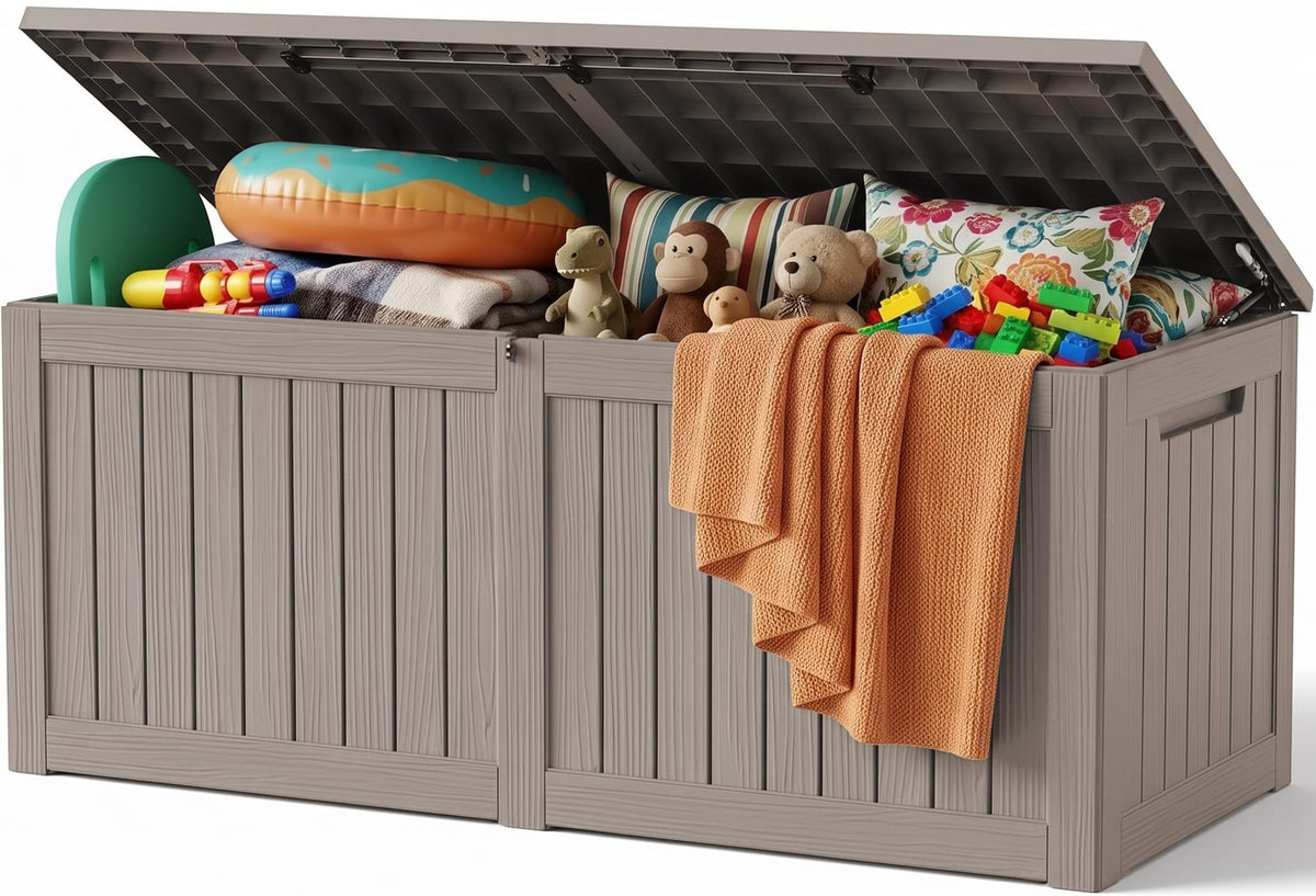 Outdoor Storage Box, 360 Gallon Waterproof Resin Deck Box with Support Rod