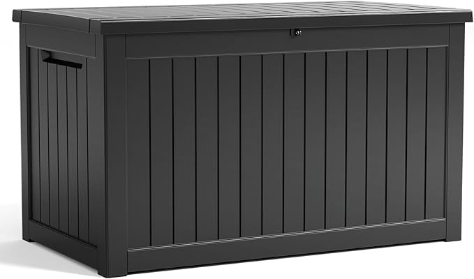 PatioZen 150 Gallon Resin Deck Box, Lockable Patio Outdoor Storage Box for Furniture, Garden Tools and Tools Storage, Waterproof Outside Storage Boxes - Black