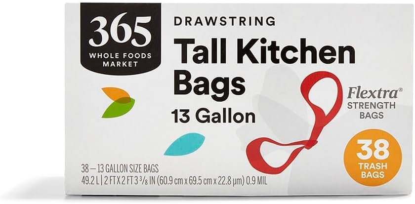 365 by Whole Foods Market, Flextra Strength Drawstring Tall Kitchen Trash Bags, 13 Gallon, 38 Count