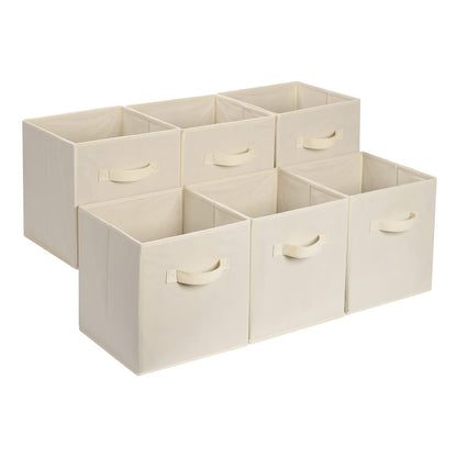 Amazon Basics Collapsible Fabric Storage Cubes Organizer with Handles, Sturdy Storage Bins for Organization, 10.5" x 10.5" x 11", Beige, 6-Pack