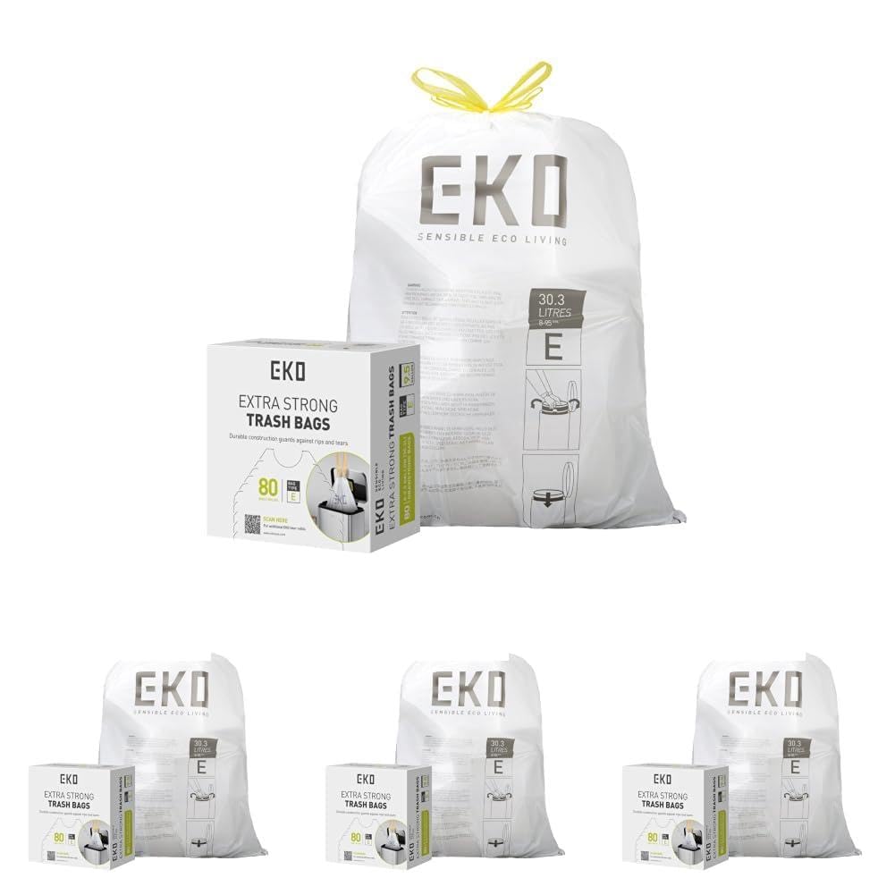 EKO 21 Gallon / 50-90 Liter, 60 Count Drawstring Trash Bags, Extra-Strong Unscented Garbage Bags, Easy-Dispense Roll for Kitchen & Household Use, Code G, White