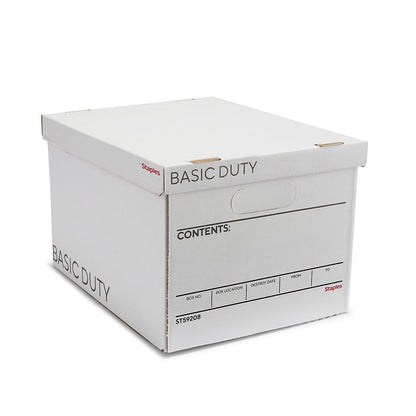 Staples Corrugated File Box, Lift-Off Lid, Letter/Legal, White/Black, 10/Pk