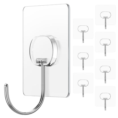 Adhesive Wall Hooks No Drill Large Clear Heavy Duty,13LB Sticky 8 Pack