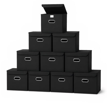 STOREONE Fabric Storage Cube Bins Foldable Organizer Container Collapsible Basket with Lids and Metal Handles, for Home, Bedroom, Closet (Black, 3 Pcs)
