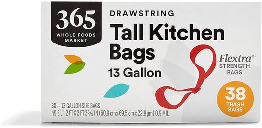365 by Whole Foods Market, Flextra Strength Drawstring Tall Kitchen Trash Bags, 13 Gallon, 38 Count