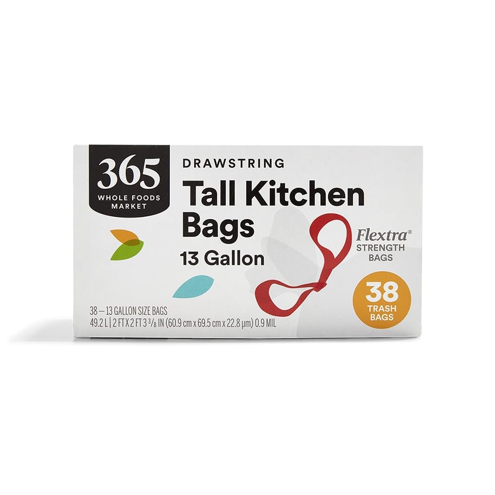 365 by Whole Foods Market, Flextra Strength Drawstring Tall Kitchen Trash Bags, 13 Gallon, 38 Count