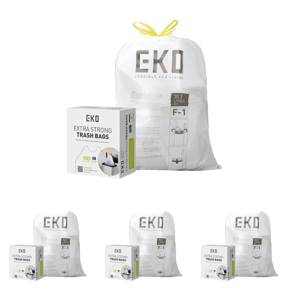 EKO 21 Gallon / 50-90 Liter, 60 Count Drawstring Trash Bags, Extra-Strong Unscented Garbage Bags, Easy-Dispense Roll for Kitchen & Household Use, Code G, White