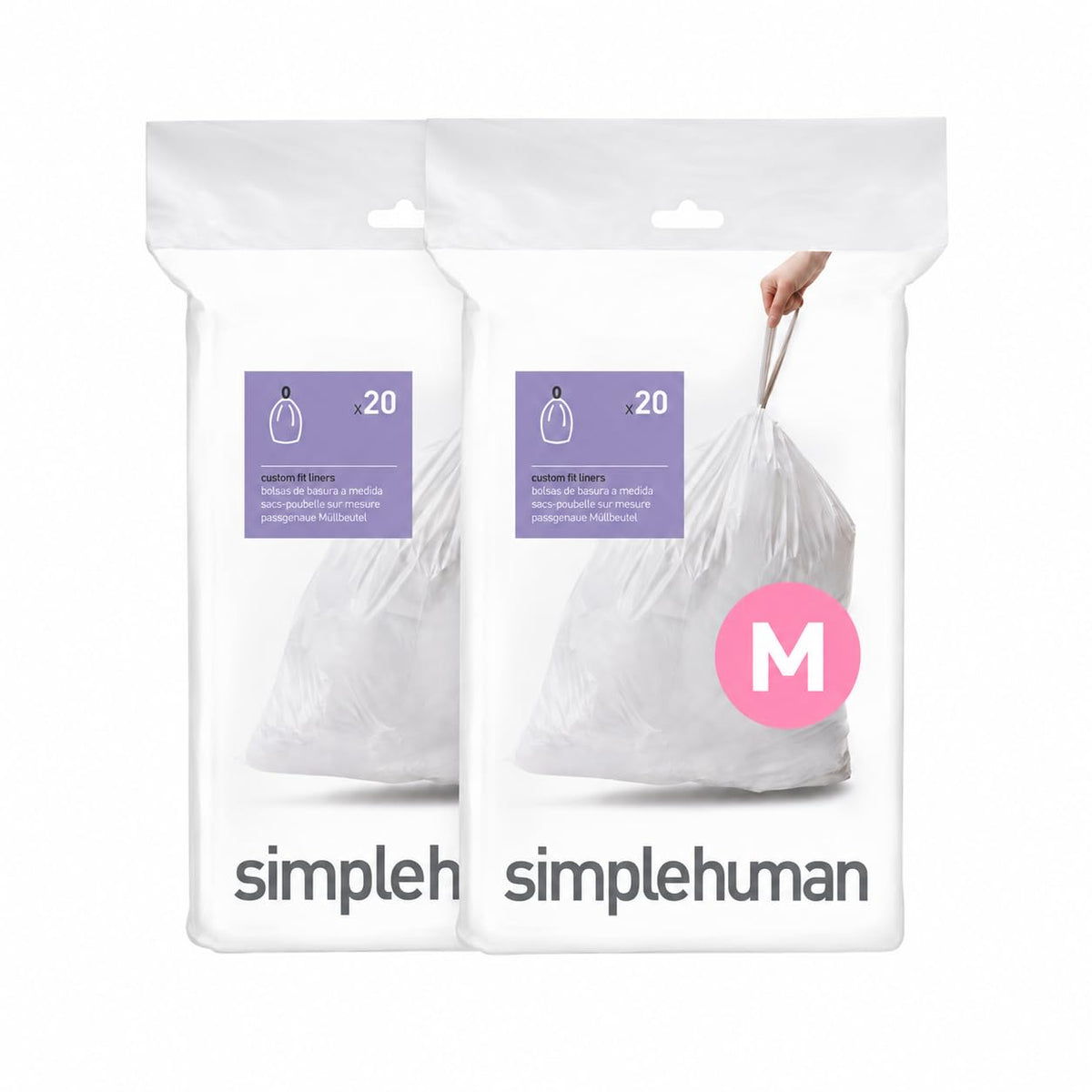 simplehuman Code M 60 Count Custom Fit Liners, Drawstring Kitchen Trash Bags, One-by-One Mess-Free Dispense, Extra Thick & Double Seamed, 50% PCR Plastic, 40-45 Liter / 11-12 Gallon, White