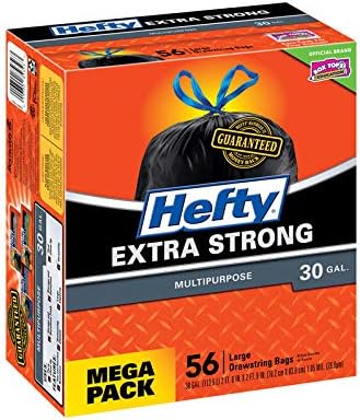 Hefty Strong 30 Gallon Trash Bags, Large Trash Bags 30 Gallon Size, Durable Drawstring Enclosure, Resists Punctures, Leaks, and Tears, Black, Unscented, 56 Bags