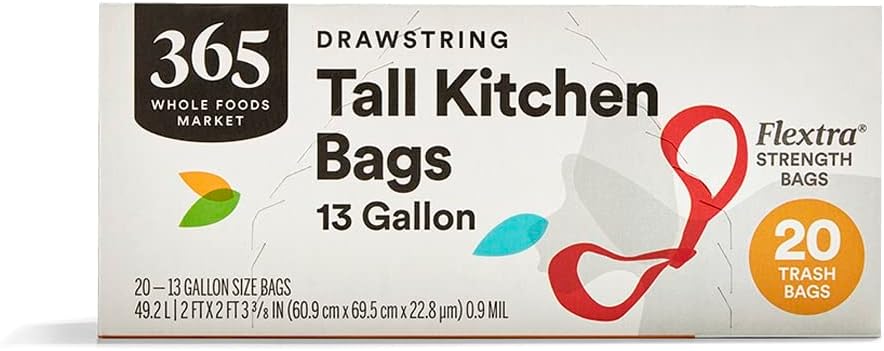 365 by Whole Foods Market, Flextra Strength Drawstring Tall Kitchen Trash Bags, 13 Gallon, 38 Count