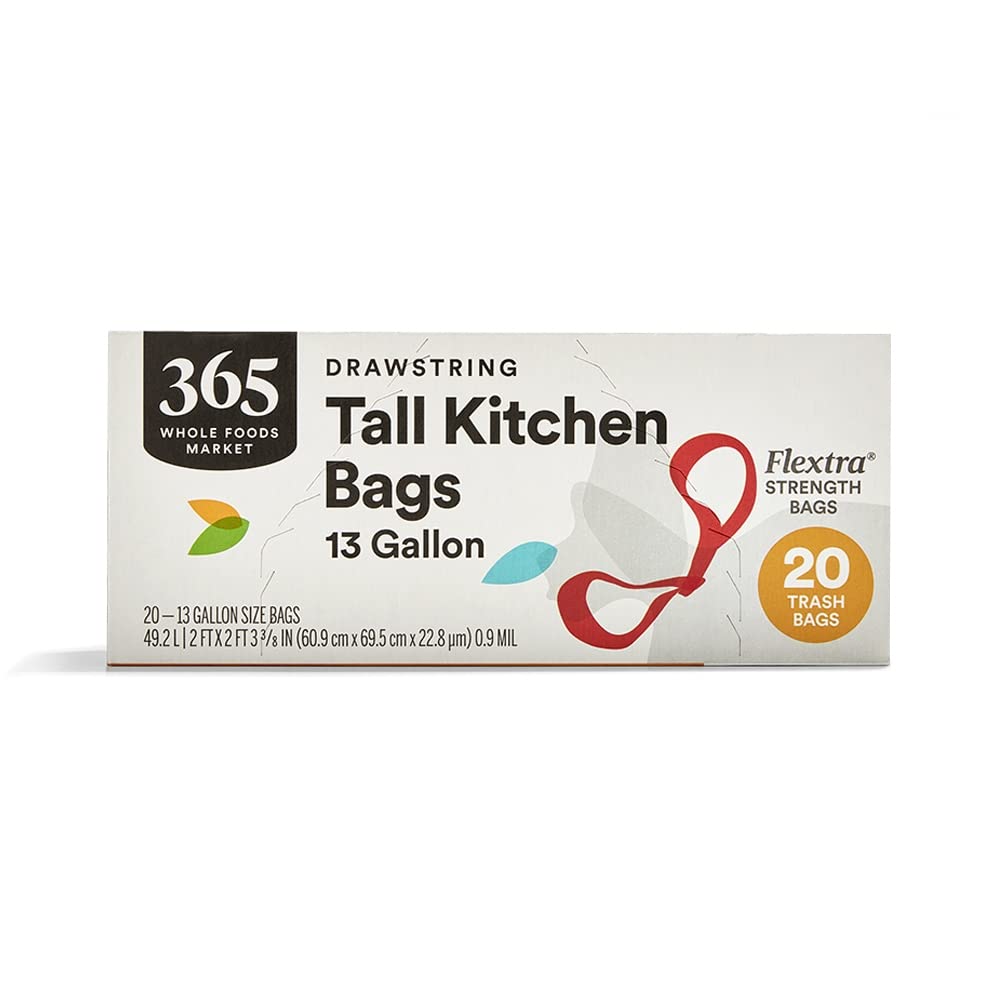 365 by Whole Foods Market, Flextra Strength Drawstring Tall Kitchen Trash Bags, 13 Gallon, 38 Count