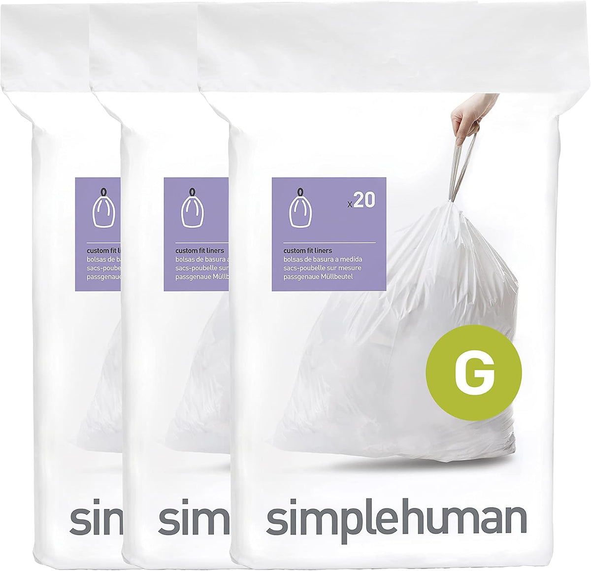 simplehuman Code G 60 Count Custom Fit Liners, Drawstring Kitchen Trash Bags, One-by-One Mess-Free Dispense, Extra Thick & Double Seamed, 50% PCR Plastic, 30 Liter / 8 Gallon, White