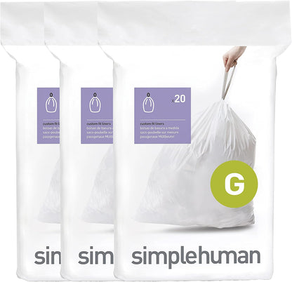 simplehuman Code G 60 Count Custom Fit Liners, Drawstring Kitchen Trash Bags, One-by-One Mess-Free Dispense, Extra Thick & Double Seamed, 50% PCR Plastic, 30 Liter / 8 Gallon, White
