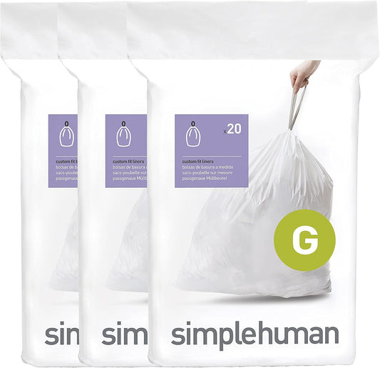 simplehuman Code G 60 Count Custom Fit Liners, Drawstring Kitchen Trash Bags, One-by-One Mess-Free Dispense, Extra Thick & Double Seamed, 50% PCR Plastic, 30 Liter / 8 Gallon, White