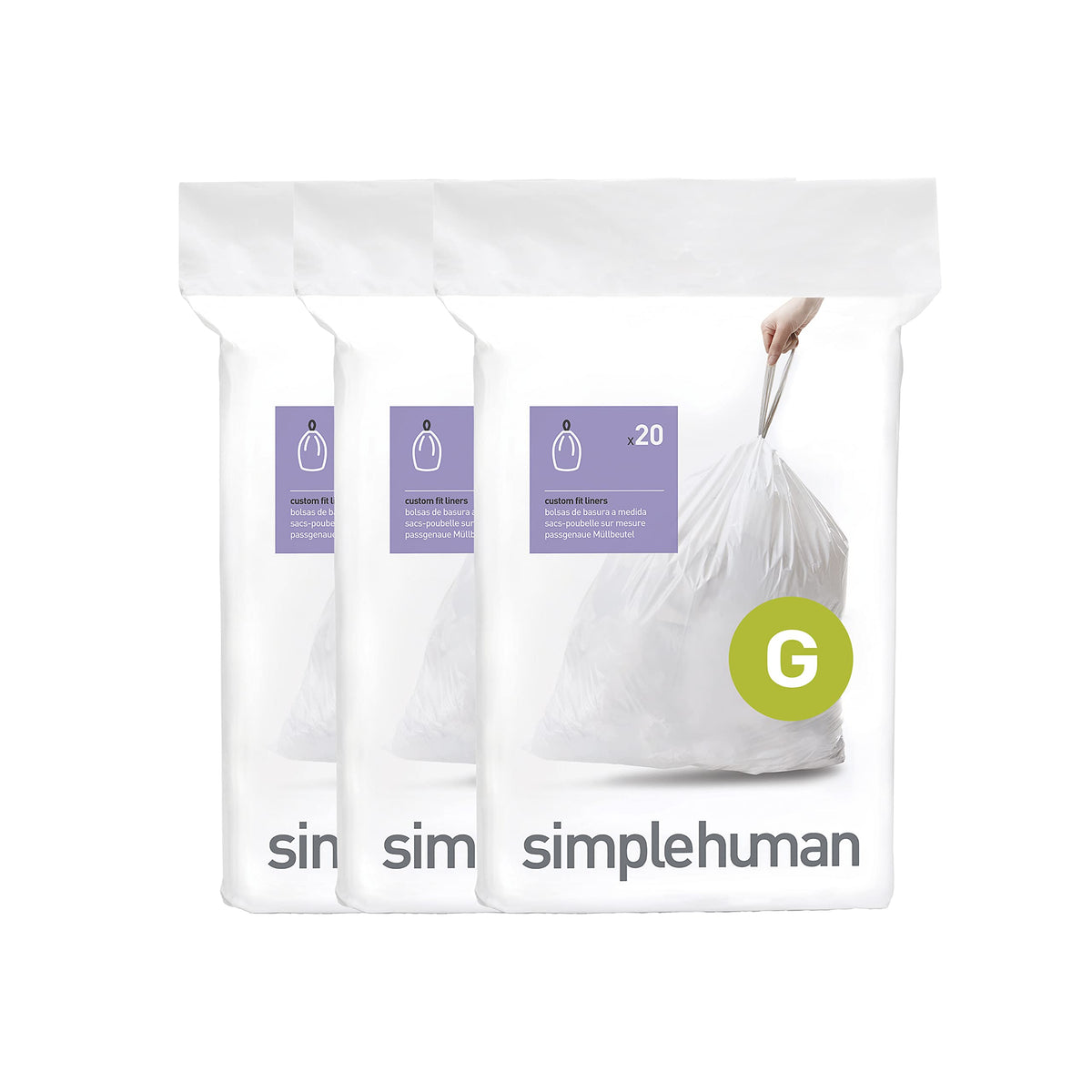 simplehuman Code G 60 Count Custom Fit Liners, Drawstring Kitchen Trash Bags, One-by-One Mess-Free Dispense, Extra Thick & Double Seamed, 50% PCR Plastic, 30 Liter / 8 Gallon, White