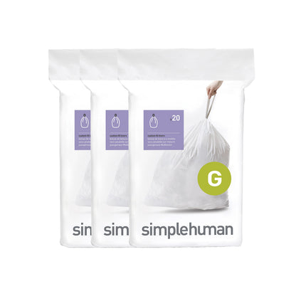 simplehuman Code G 60 Count Custom Fit Liners, Drawstring Kitchen Trash Bags, One-by-One Mess-Free Dispense, Extra Thick & Double Seamed, 50% PCR Plastic, 30 Liter / 8 Gallon, White