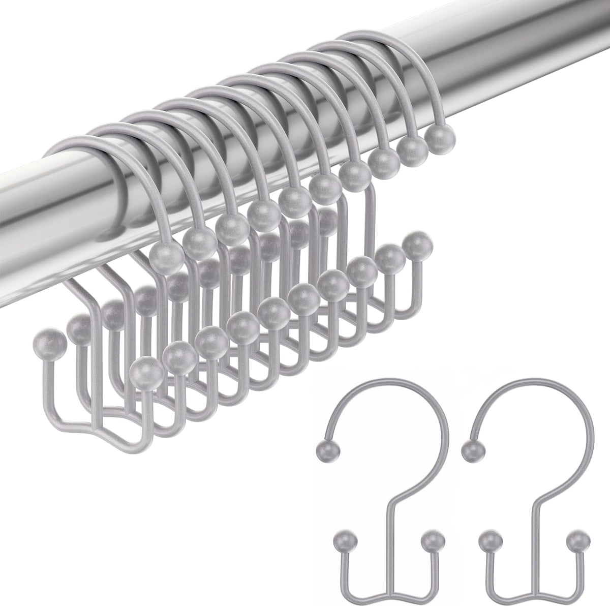 Amazer Shower Curtain Hooks, Decorative Rust Proof Stainless Steel Shower Curtain Hooks for Bathroom Shower Rods Set of 12, Polished Nickel