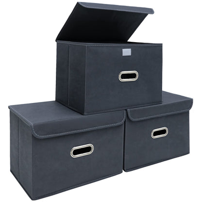 STOREONE Fabric Storage Cube Bins Foldable Organizer Container Collapsible Basket with Lids and Metal Handles, for Home, Bedroom, Closet (Black, 3 Pcs)