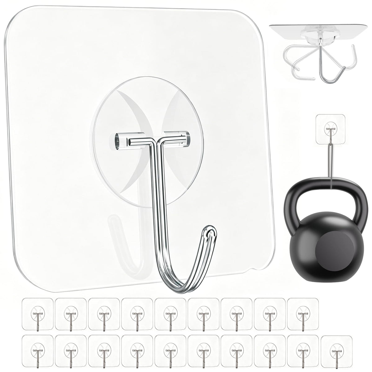 Large Adhesive Wall Hooks Heavy Duty for Hanging 44LB 10pcs Clear No Drill