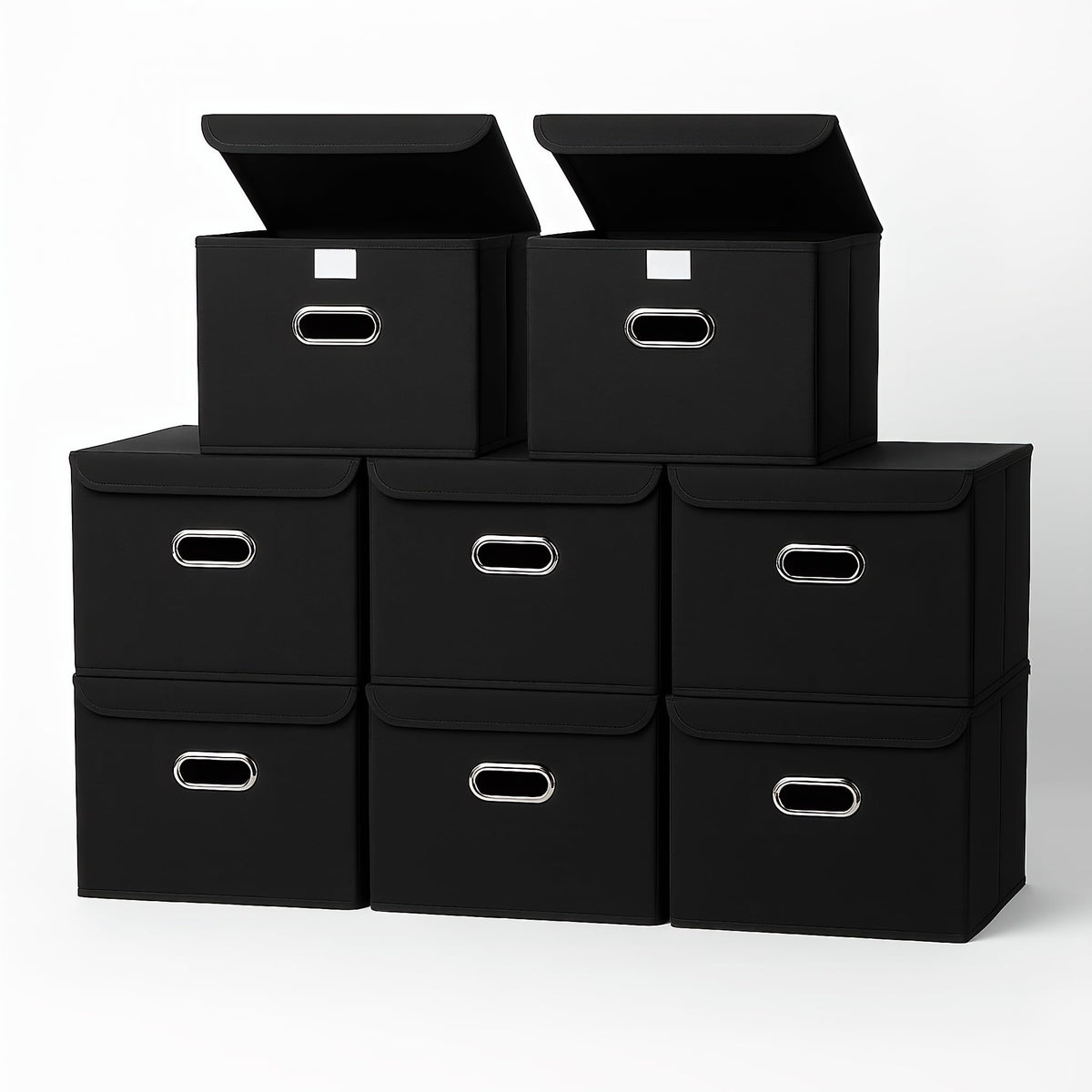STOREONE Fabric Storage Cube Bins Foldable Organizer Container Collapsible Basket with Lids and Metal Handles, for Home, Bedroom, Closet (Black, 3 Pcs)