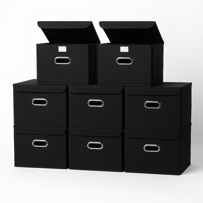 STOREONE Fabric Storage Cube Bins Foldable Organizer Container Collapsible Basket with Lids and Metal Handles, for Home, Bedroom, Closet (Black, 3 Pcs)