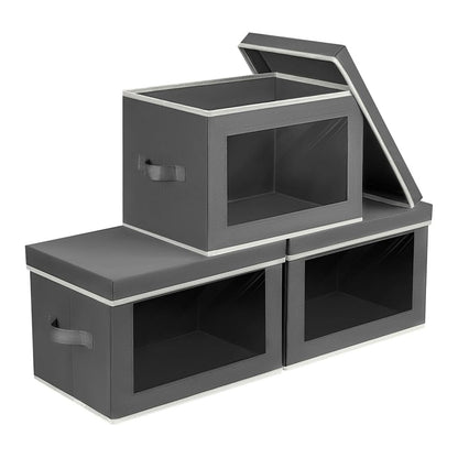 Homsorout Storage Bins with Lids - Fabric Storage Boxes with Window, Collapsible Closet Organizers with Handles, 3 Pack Decorative Bin, Home Cubes Baskets for Clothes, Hat, Books, Dark Grey