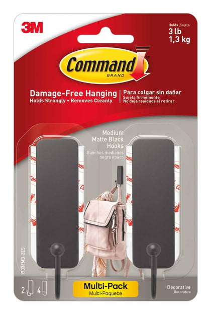 Command Medium Black Hooks, 2 Hooks, 4 Strips