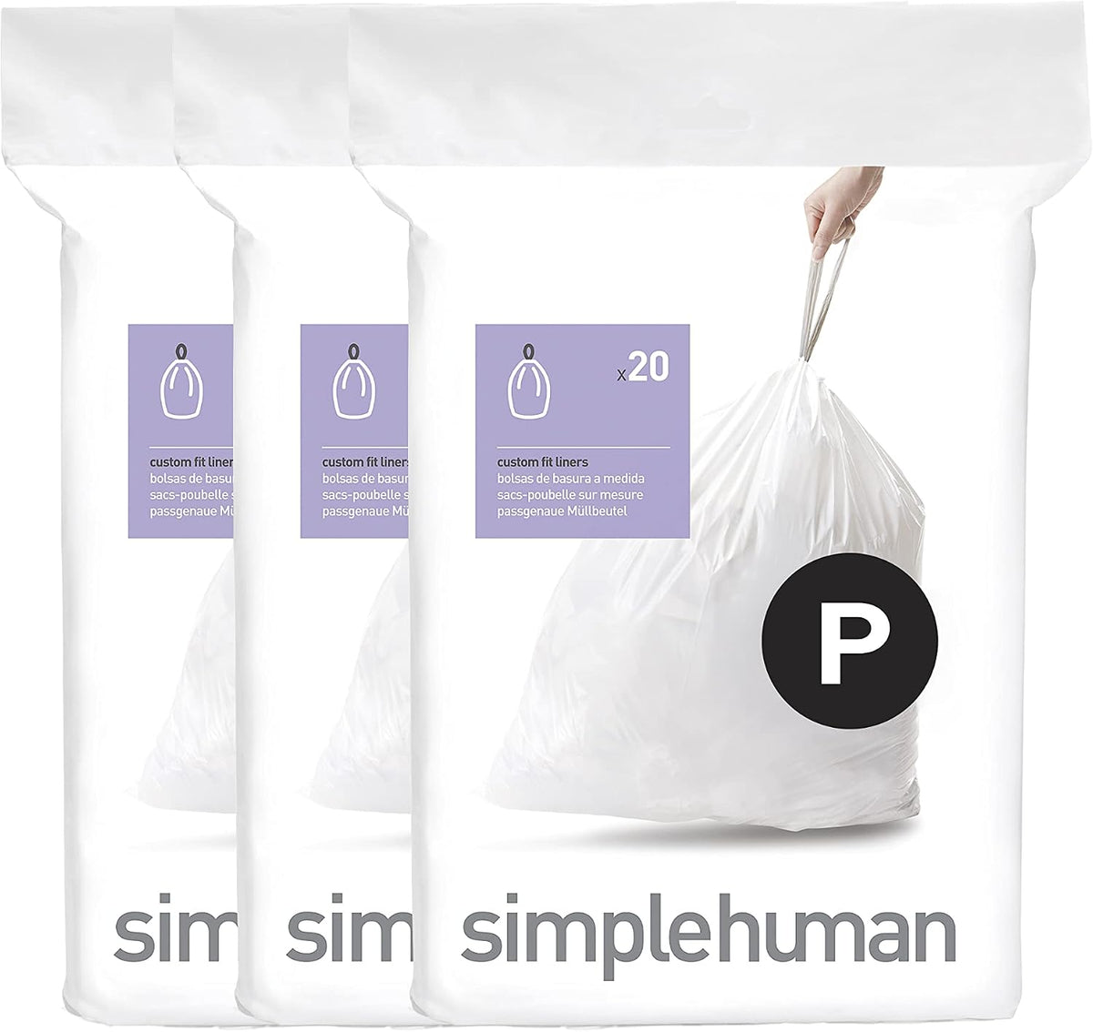 simplehuman Code P 60 Count Custom Fit Liners, Drawstring Kitchen Trash Bags, One-by-One Mess-Free Dispense, Extra Thick & Double Seamed, 50% PCR Plastic, 50-60 Liter / 13-16 Gallon, White
