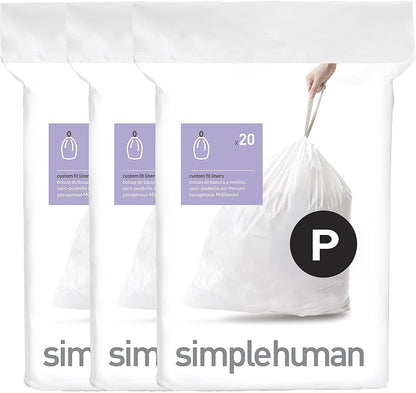 simplehuman Code P 60 Count Custom Fit Liners, Drawstring Kitchen Trash Bags, One-by-One Mess-Free Dispense, Extra Thick & Double Seamed, 50% PCR Plastic, 50-60 Liter / 13-16 Gallon, White