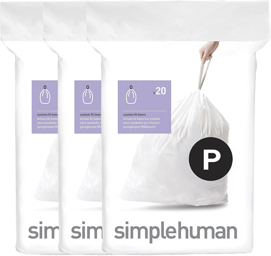 simplehuman Code P 60 Count Custom Fit Liners, Drawstring Kitchen Trash Bags, One-by-One Mess-Free Dispense, Extra Thick & Double Seamed, 50% PCR Plastic, 50-60 Liter / 13-16 Gallon, White