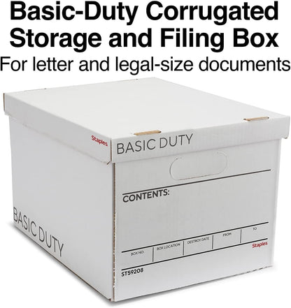 Staples Corrugated File Box, Lift-Off Lid, Letter/Legal, White/Black, 10/Pk