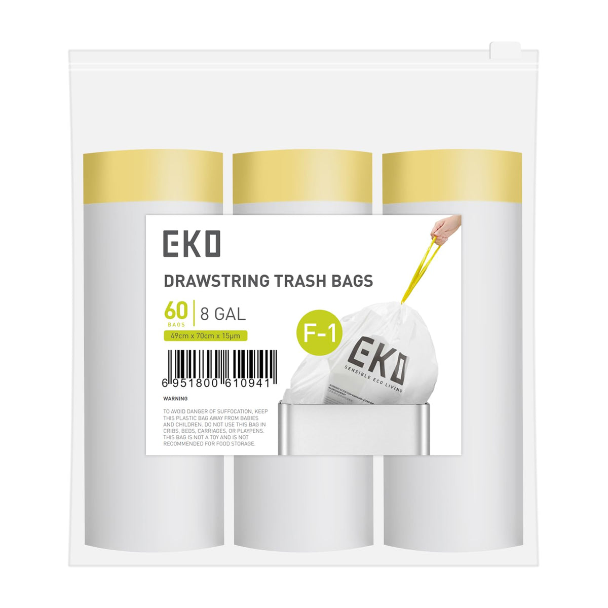 EKO 21 Gallon / 50-90 Liter, 60 Count Drawstring Trash Bags, Extra-Strong Unscented Garbage Bags, Easy-Dispense Roll for Kitchen & Household Use, Code G, White