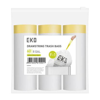 EKO 21 Gallon / 50-90 Liter, 60 Count Drawstring Trash Bags, Extra-Strong Unscented Garbage Bags, Easy-Dispense Roll for Kitchen & Household Use, Code G, White