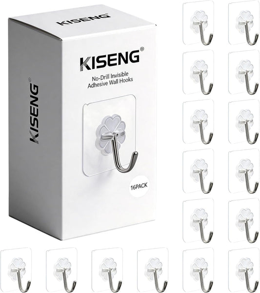 16 Pack Crystal Clear Adhesive Hooks for Hanging, Heavy Duty 22lb
