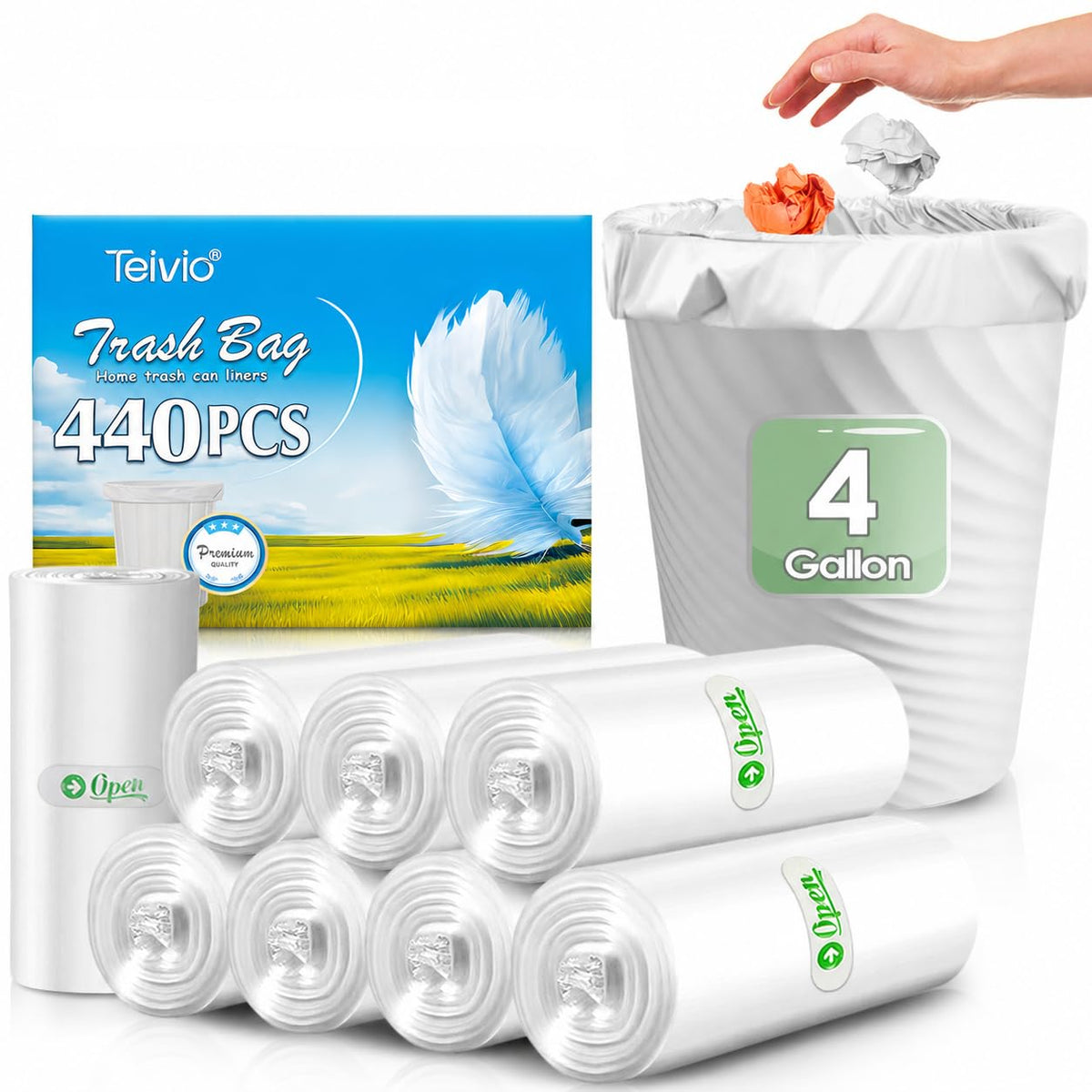 Teivio Small Clear Trash Bags 4 Gallon 330 Count Bathroom Garbage Bags